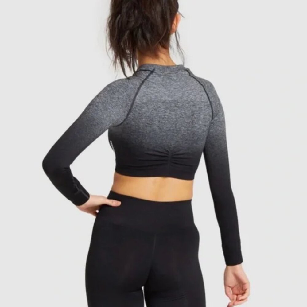GYMSHARK Adapt Ombre Seamless Long Sleeve Workout Crop Top Black Gray Medium - Picture 9 of 10